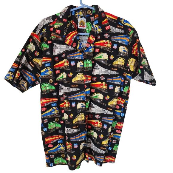Max Boxxer Mens L Black Train Print Short Sleeves Cotton Button Up Shirt Pocket - Picture 1 of 8